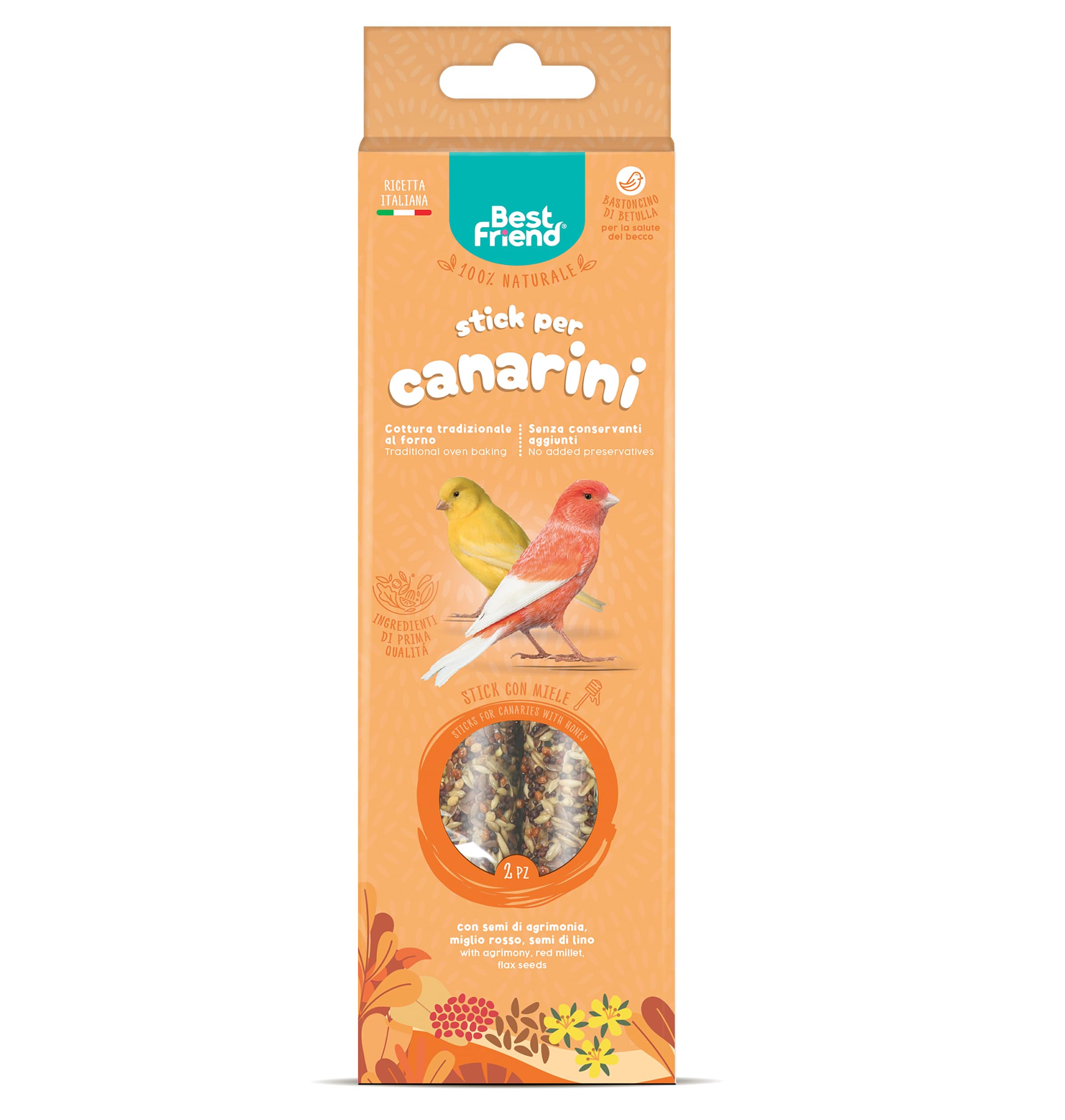 Best Friend - Snacks Naturales cocidos al Horno para Canarios Sabrosos palitos para pájaros, Ricos en vitaminas con Madera de Abedul para Dientes sanos | Miel, 5 Pack x 85g