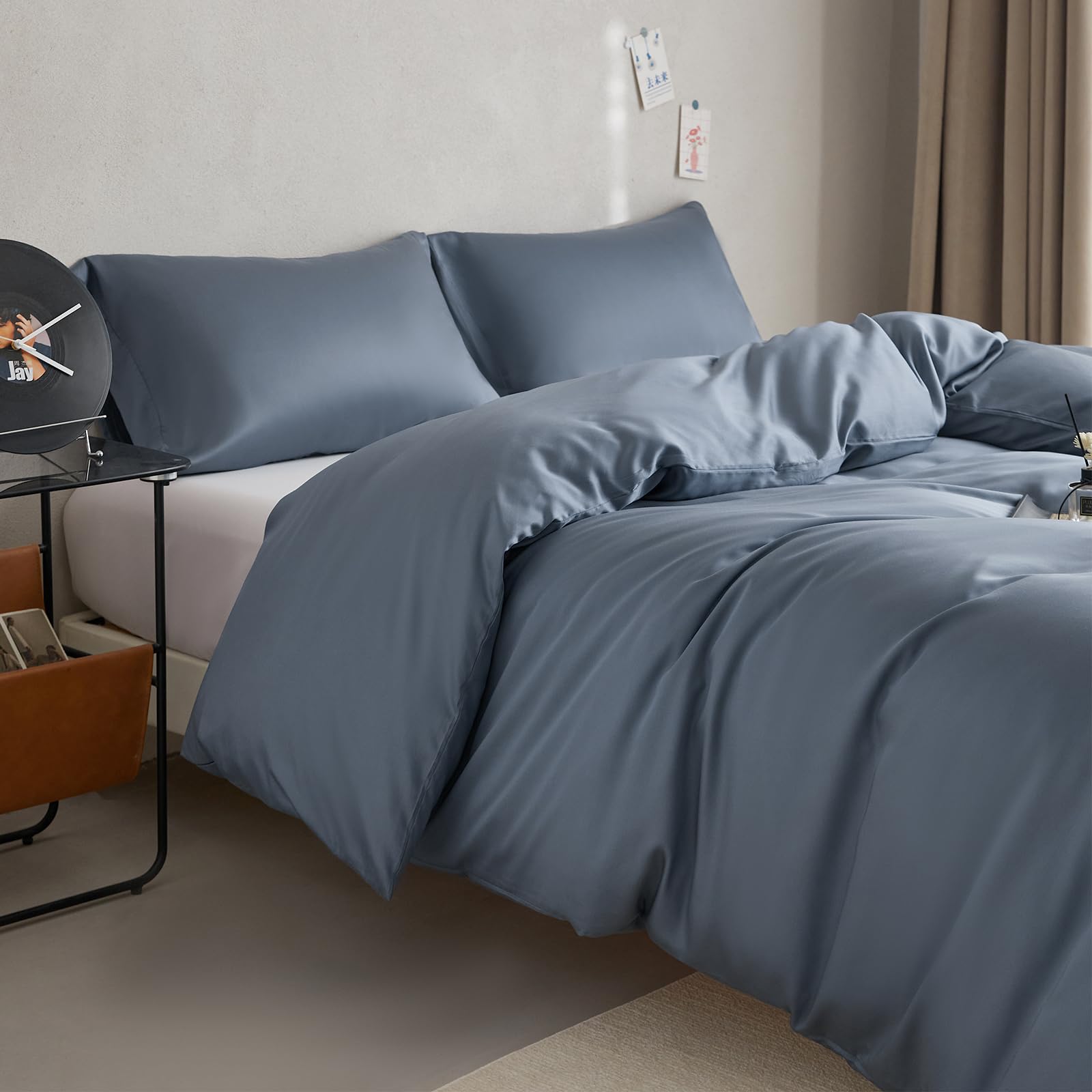 DCSKY Twin Size Tencel Duvet Cover Set 3-Piece - 100% Lyocell Bedding Set, Silky Smooth & Hypoallergenic, Temperature Regulating for Hot Sleepers (Denim Blue, 68x90 Inches)