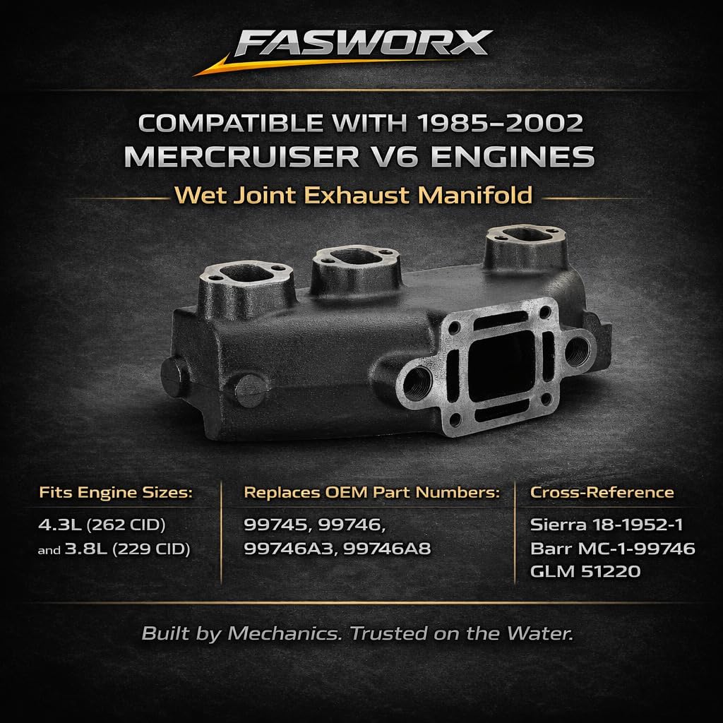 4.3L Mercruiser Exhaust Manifold & Elbow Riser Set with Gaskets, Bolts, and Plugs - Fits Mid 1980's to 2002 Engines - Wet Joint - Replaces Mercury 99746A17, 807988A03