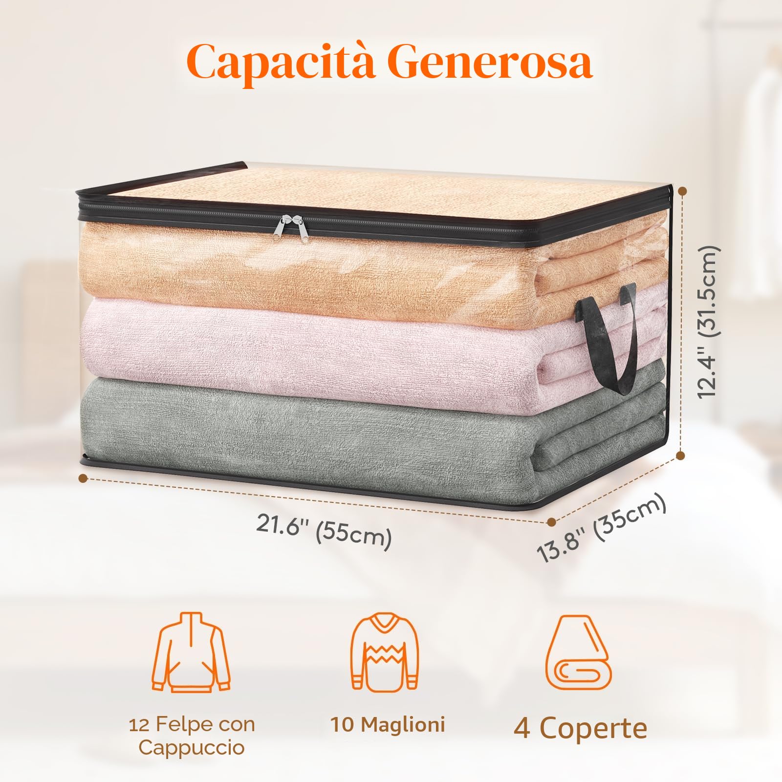 Lifewit 4 Pezzi Scatole per Vestiti Trasparente 60L, Organizer Armadio Pieghevole con Manici, Scatole per Armadio en PVC, Scatoloni Trasloco, Organizer Armadio per Vestiti, Coperte, Piumoni, Libro