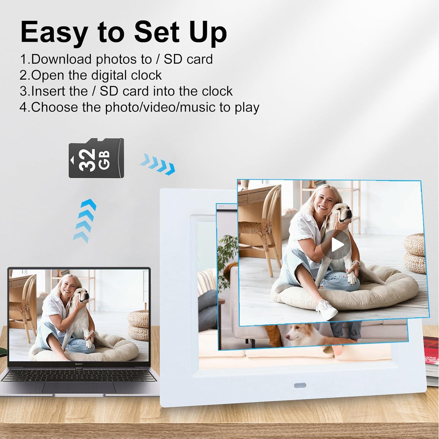 Diagram showing how to download photos to an SD card and insert it into the digital clock for playback.