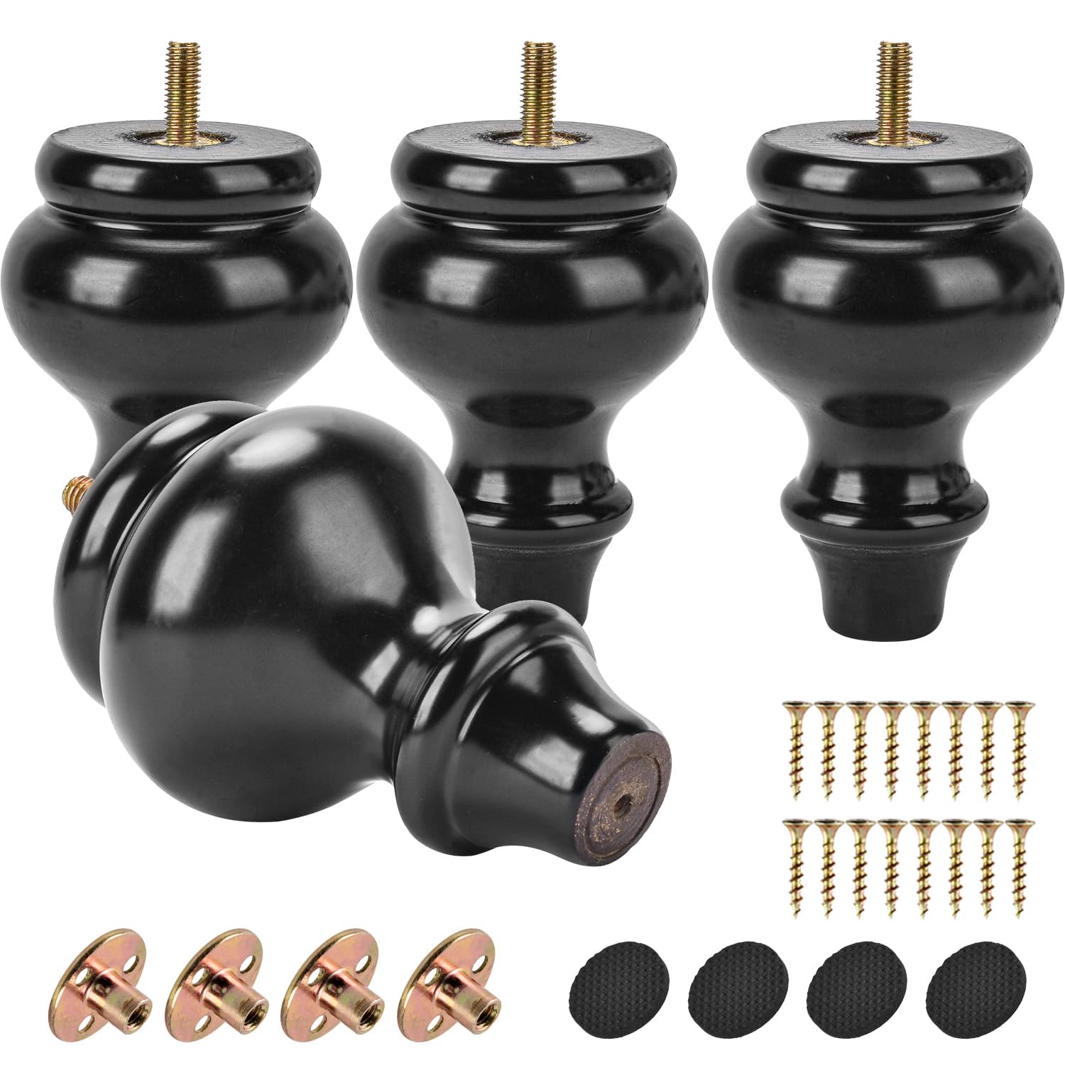 Btowin 5.2 Inch / 13cm Solid Wood Furniture Legs,4Pcs Sofa Legs Wooden Bun Feet with Threaded M8 Hanger Bolts &Mounting Plate &Screws for Sofa Cabinet Ottoman Armchair,Black