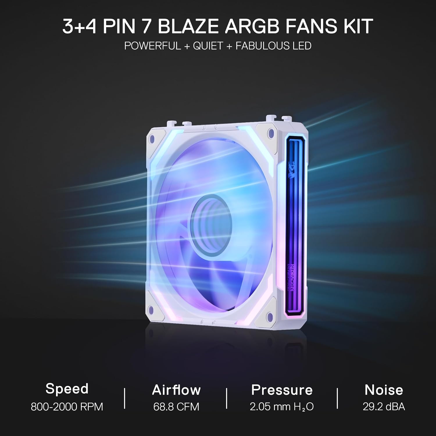 Redragon GCF012 Standard 120mm PC Case Fan, Daisy-Chain Connection, 5V 3Pin ARGB Lighting, 4 Pin PWM Case Fan, for Radiator/Computer Case Cooling, 120x120x25mm, 3 Pack, White