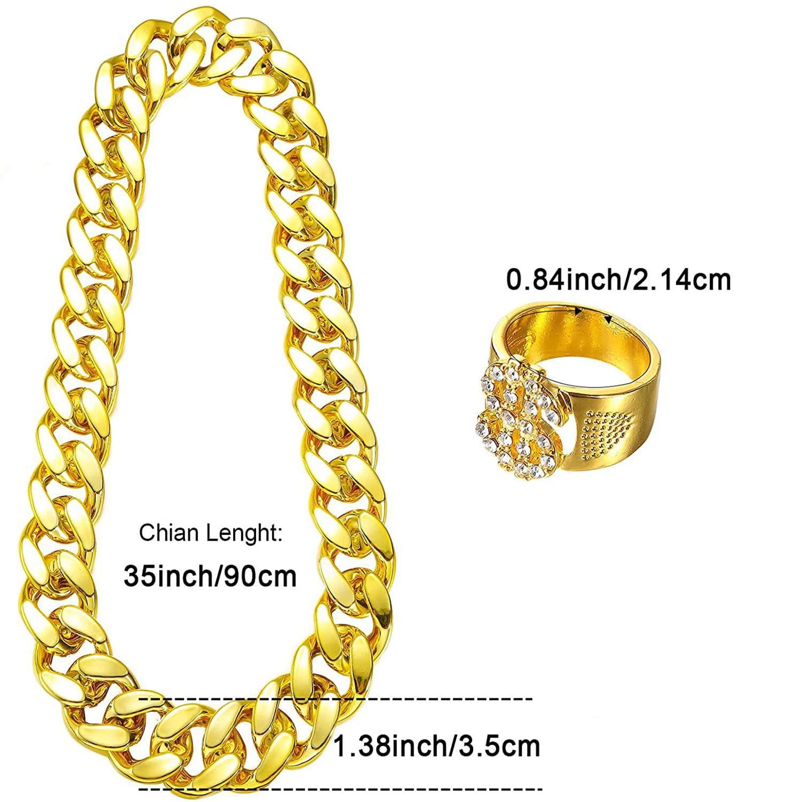 2pcs Hip Hop Costume Set including Fake Gold Chain & Accessories, 80s/90s Rapper Style Necklace and Ring for Men Women, Kids - Image 2