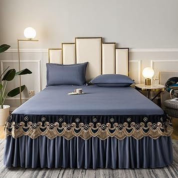 Dark Grey Bed Skirts Cotton Lace, Ruffled Solid Color Queen Bed Skirt, 59"x79"