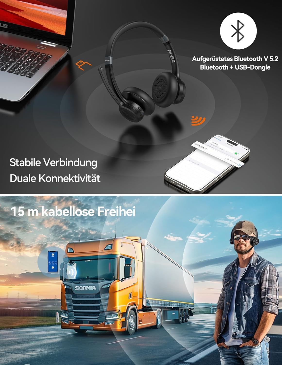 TECKNET Bluetooth Headset mit Mikrofon, Noise Cancelling und USB-Dongle