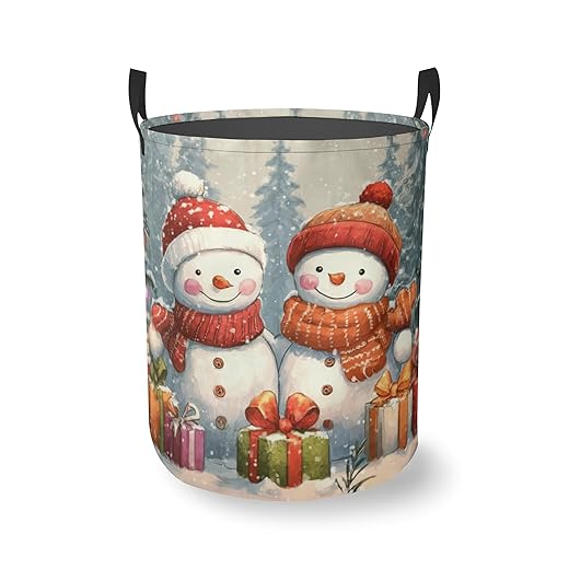 Christmas Snowman Laundry Basket With Handles Tote Bag Oxford Cloth Funny Laundry Hamper Clothes Storage Bucket Toy Organizer 16" X 20.8"For Bathroom/Laundry/Bedroom