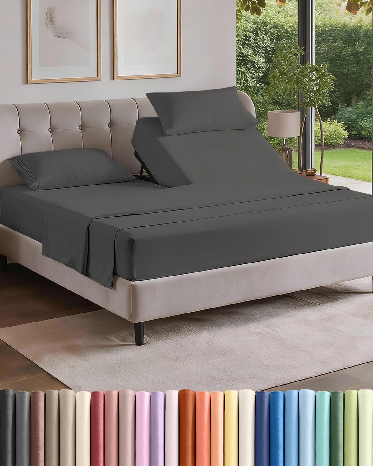 Split Head King Sheet Set – 4 Piece Flex Split Top King Sheets for Adjustable Beds - Fits 14” to 16 Mattress w/ Deep Pockets - Soft, Breathable & Cooling - Luxury Bedding and Wrinkle Free - Charcoal