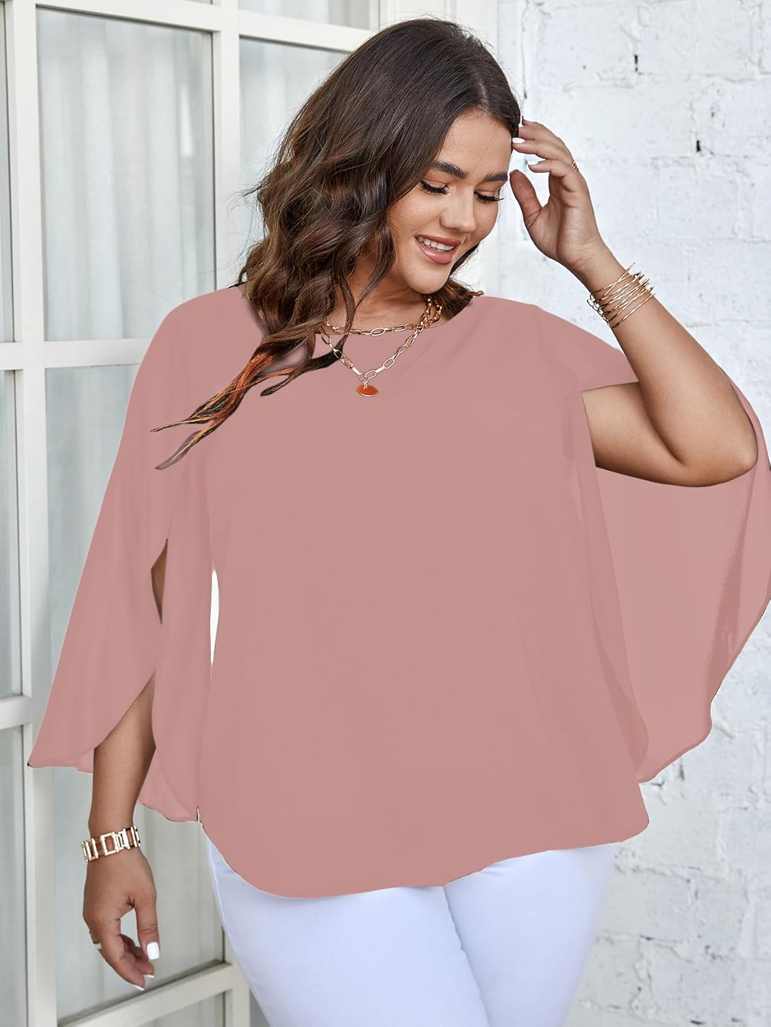 SCOMCHIC Plus Size Blouses for Women Summer Chiffon 3/4 Sleeve Tunic Tops Dressy Scoop Neck Casual Loose Flowy Shirts - Image 4