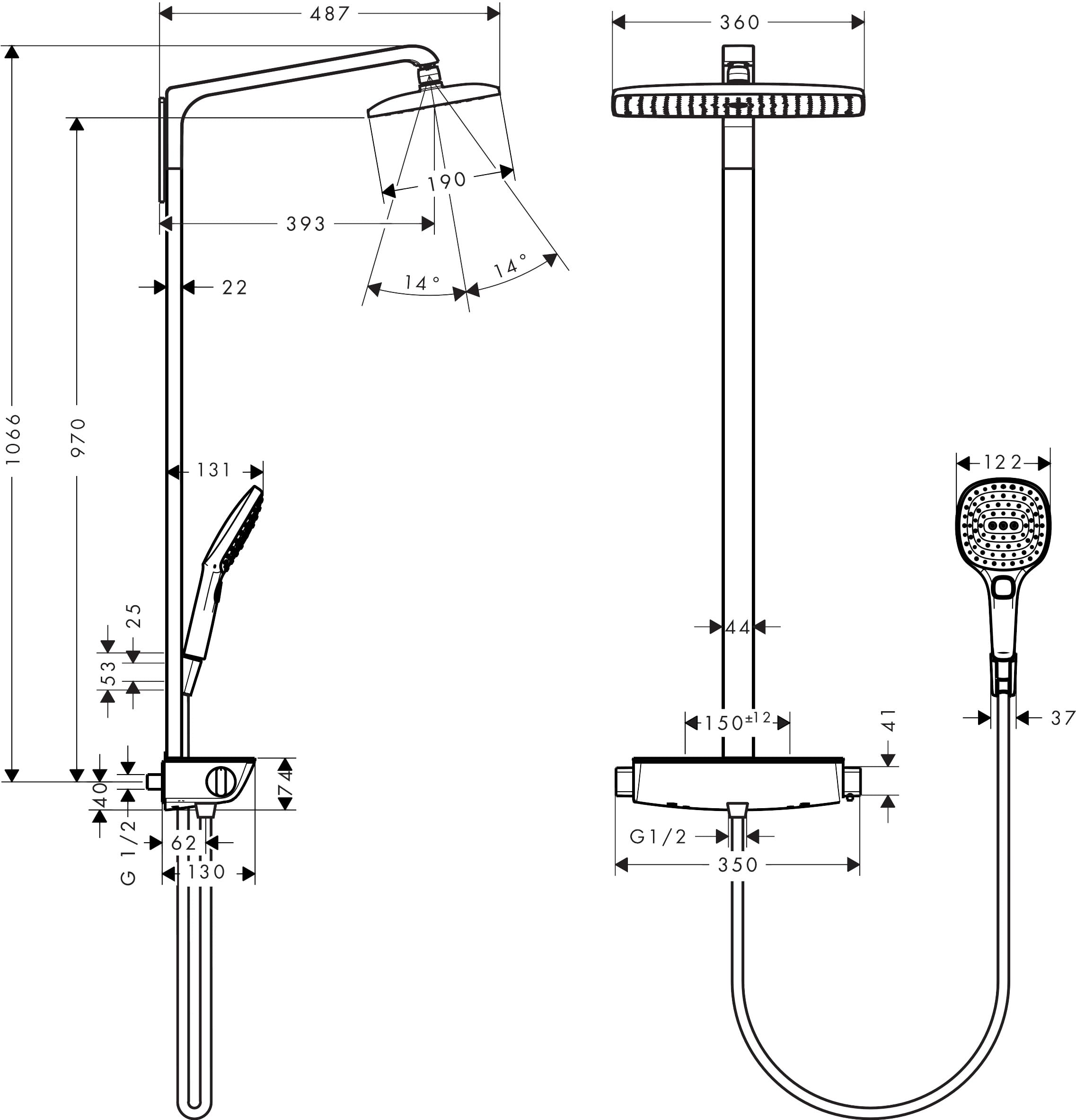 hansgrohe Raindance E - Colonne de douche avec mitigeur thermostatique, douche pluie (360 x 190mm) avec robinet, douchette, support, flexible de douche, barre et douche de tête carrée, Chromé,27112000