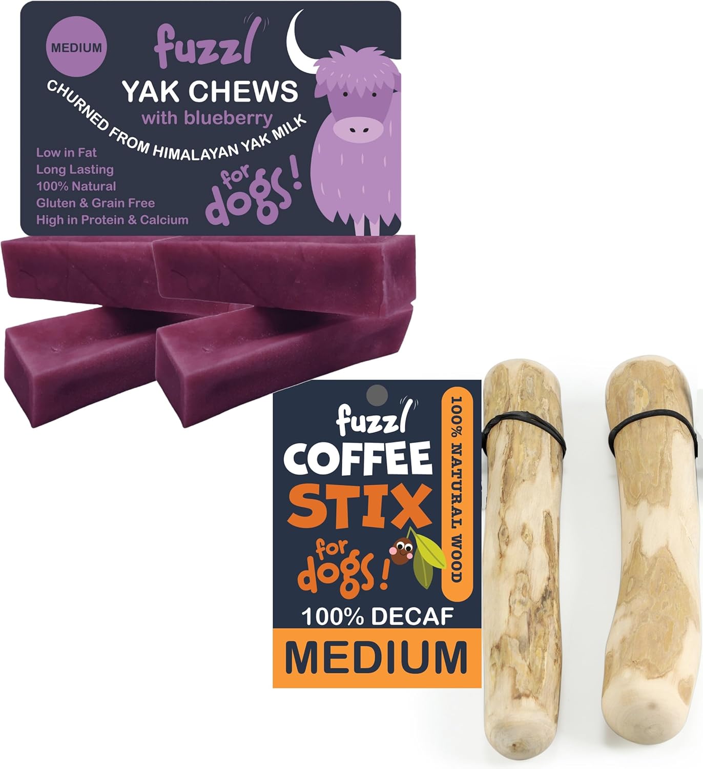 Natural Dog Treat & Chew Bundle – Blueberry Yak Chews (All-Natural, Long-Lasting) + Medium Coffee Wood Dog Toy