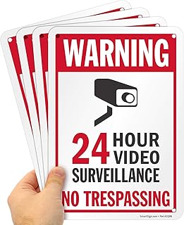 SmartSign 24 Hour Video Surveillance Sign, No Trespassing Sign (Pack of 4), 7 x 10 Inches, 40 Mil Aluminum, Laminated, Pre-drilled Holes, Made in USA