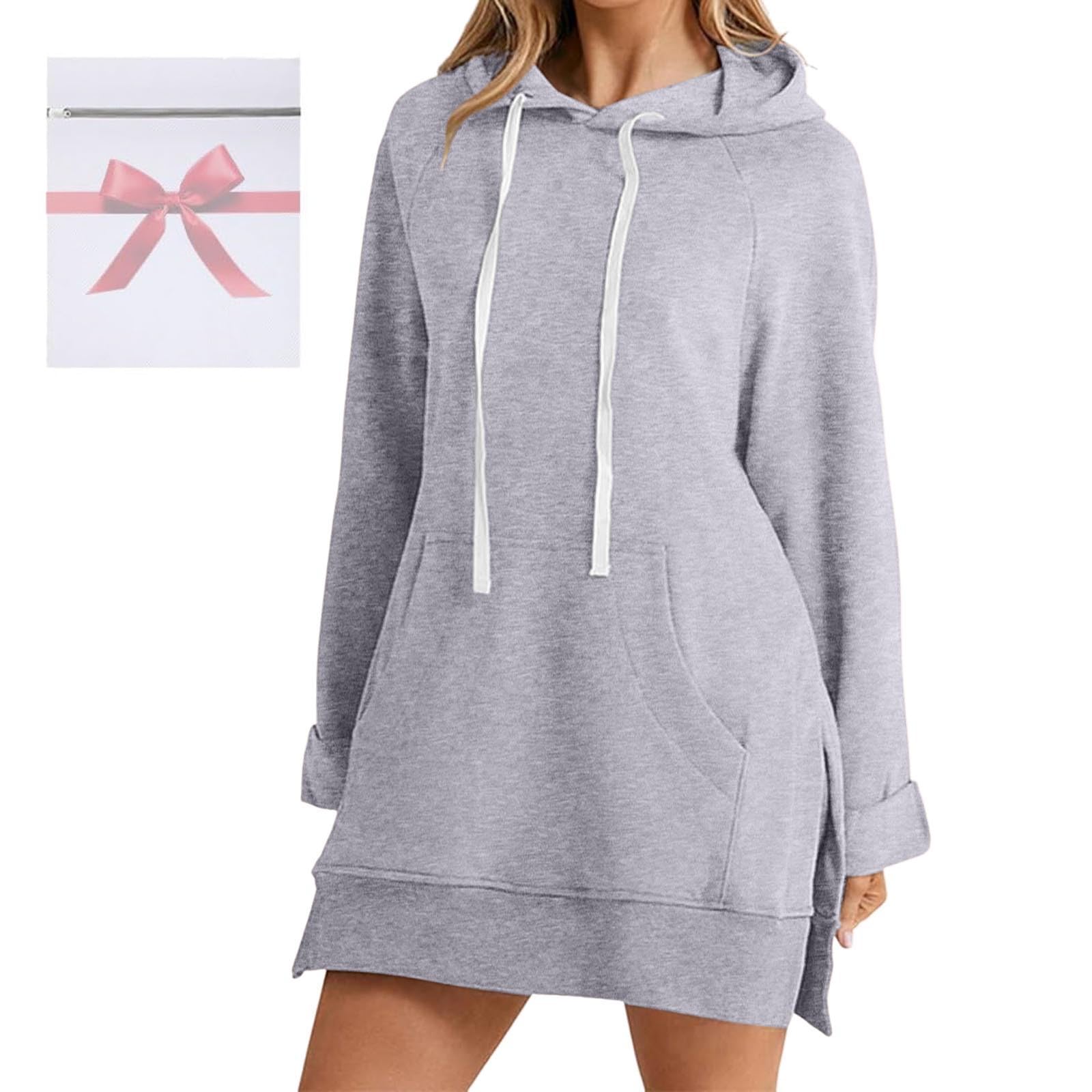 Generisch Comodo abito da donna con stampa natalizia, maniche lunghe, con cappuccio, abito midi con tasche
