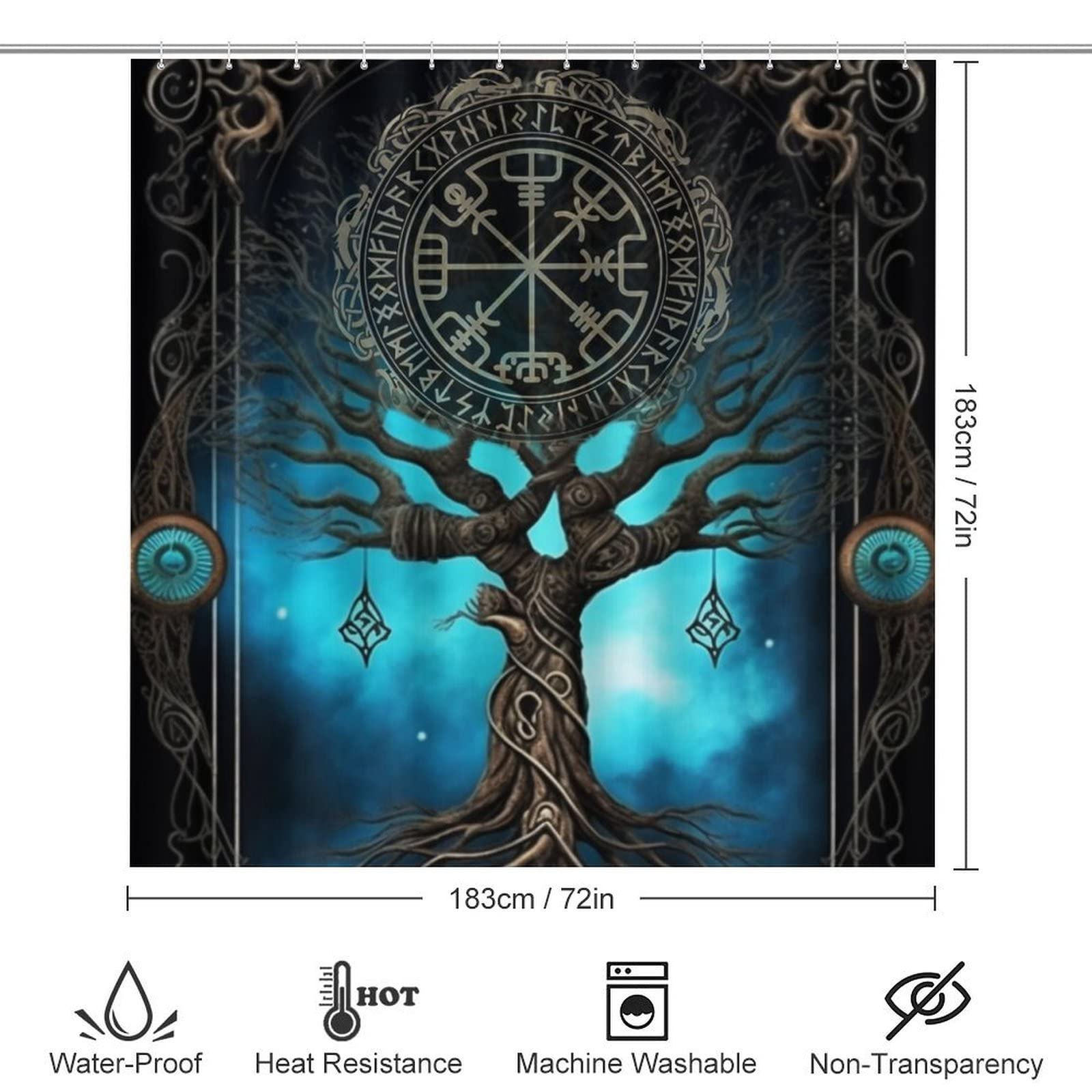 4 Pcs Bathroom Shower Curtain Set,Bathroom Sets with Rugs (Bath Mat,U Shape and Toilet Lid Cover Mat), Tree of Life Viking Bathroom Decor Set