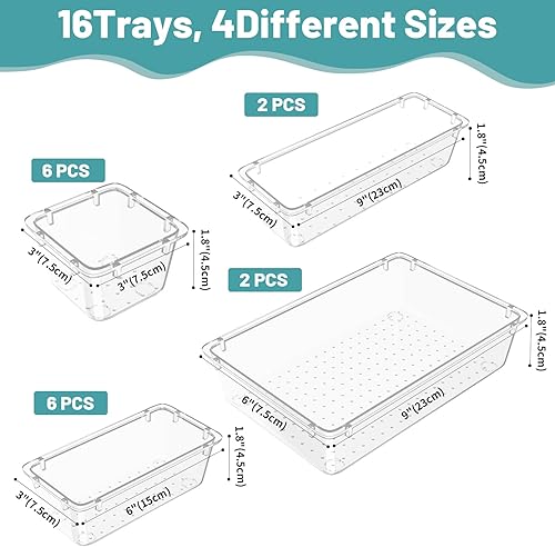 Miniatura 3 de WOWBOX Juego de 16 organizadores de cajones de plástico transparente, 4 tamaños de cajones de escritorio y contenedores de almacenamiento para