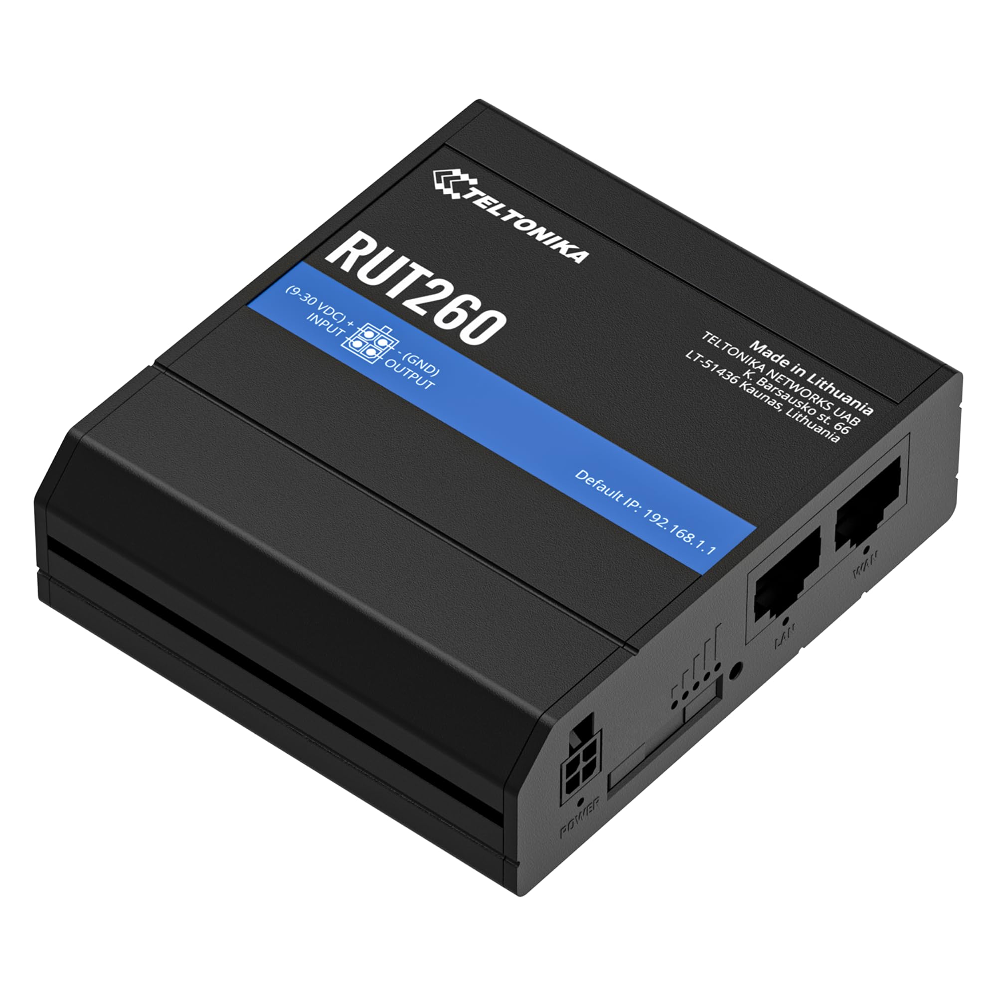 RUT260 4G LTE Cat 6 Industrial Router, Carrier Aggregation, Compact Design, Wi-Fi Hotspot, 10/100 Ethernet, Secure VPN, Durable Metal Casing