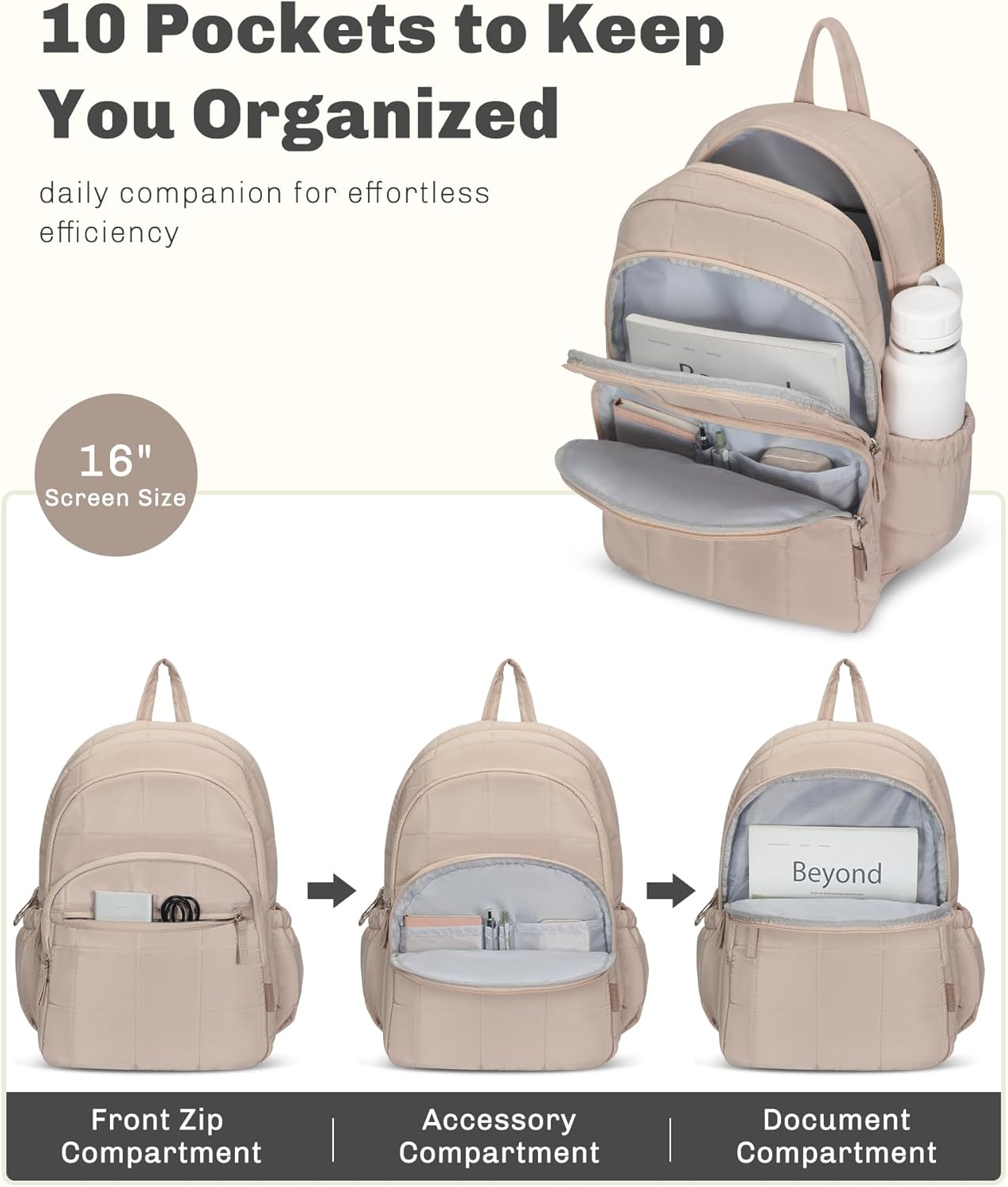 Hynes Eagle College Laptop Backpack 16 Inches Quilted Travel Backpack for Women Lightweight Puffer Casual Daypack 28L Camel - Image 3