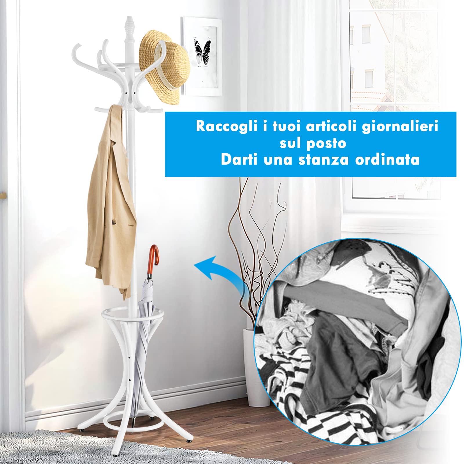 Appendiabiti Da Terra In Legno 165 Cm – Attaccapanni Da Pavimento Rotondo A 3 Gambe – Salva Spazio Per Ingresso, Camera, Ufficio – Facile Da Montare (Bianco)