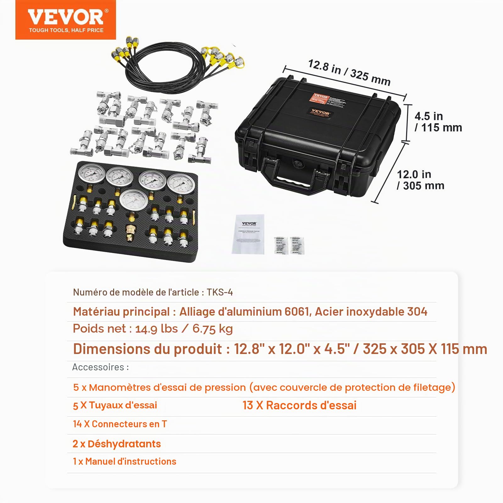 VEVOR Kit de Test de Pression Hydraulique, 10/100/250/400/600 bars, 5 Manomètres, 13 Raccords, 14 Connecteurs en T, 5 Tuyaux, Jauge avec Étui de Transport pour Excavatrices Machines de Construction