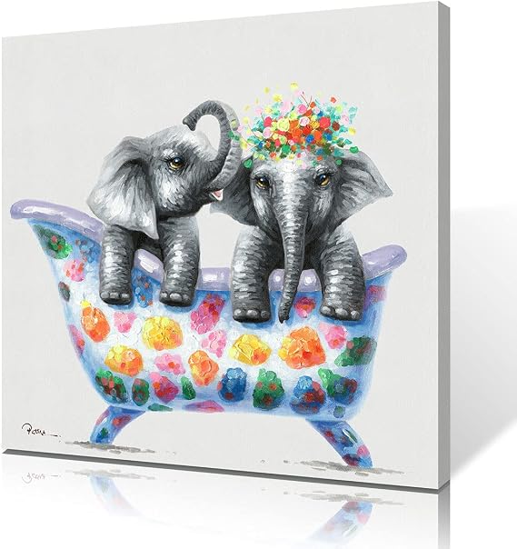 Yidepot Funny Elephant Canvas Wall Art Painting Two Little Elephants in Colorful Bathtub Playing Picture Print Decorative Mural for Bathoom Framed and ready to hang (35x35cm)
