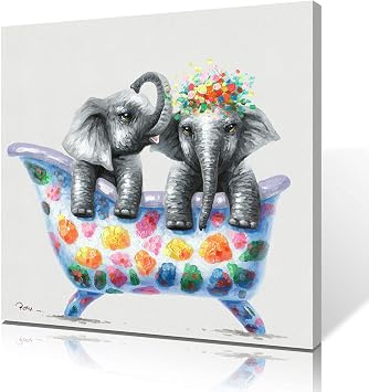 Yidepot Funny Elephant Canvas Wall Art Painting Two Little Elephants in Colorful Bathtub Playing Picture Print Decorative Mural for Bathoom Framed and ready to hang (35x35cm)