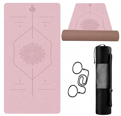 B Fit Extra Wide 36x72 Inchs 9 MM Thick Original TPE Yoga Mat – Free Yoga Bag and Strap Included - With Alignment System, Non-slip, Eco-friendly, sweat-resistant (Peach-Tan)