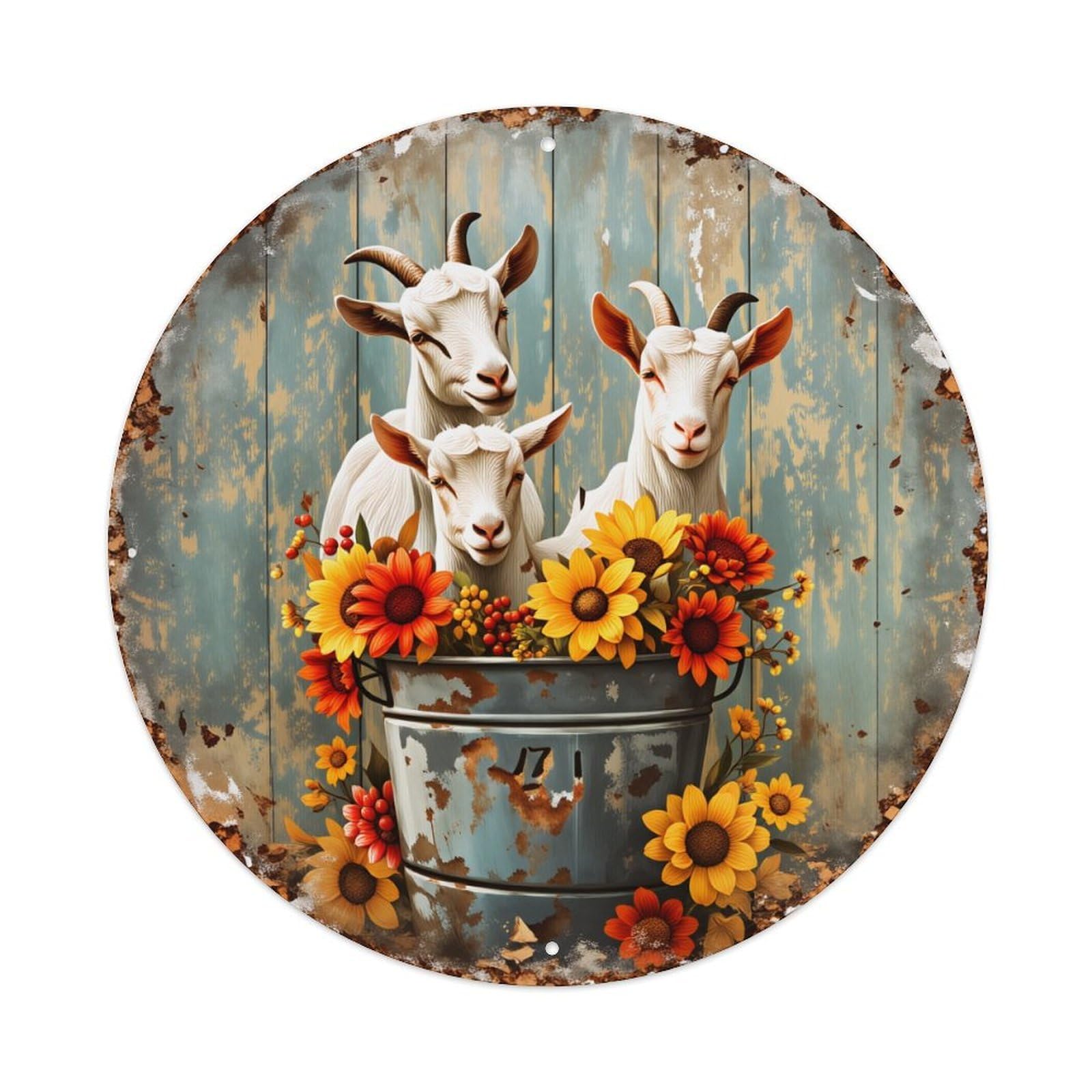 Goat Family In Rustic Bucket With Sunflowers Round Vintage Tin Sign,Retro Wall Art,Metal Poster for Home, Bar, Garage, Cafe, Rustic Indoor & Outdoor Decor, 8x8 Inches