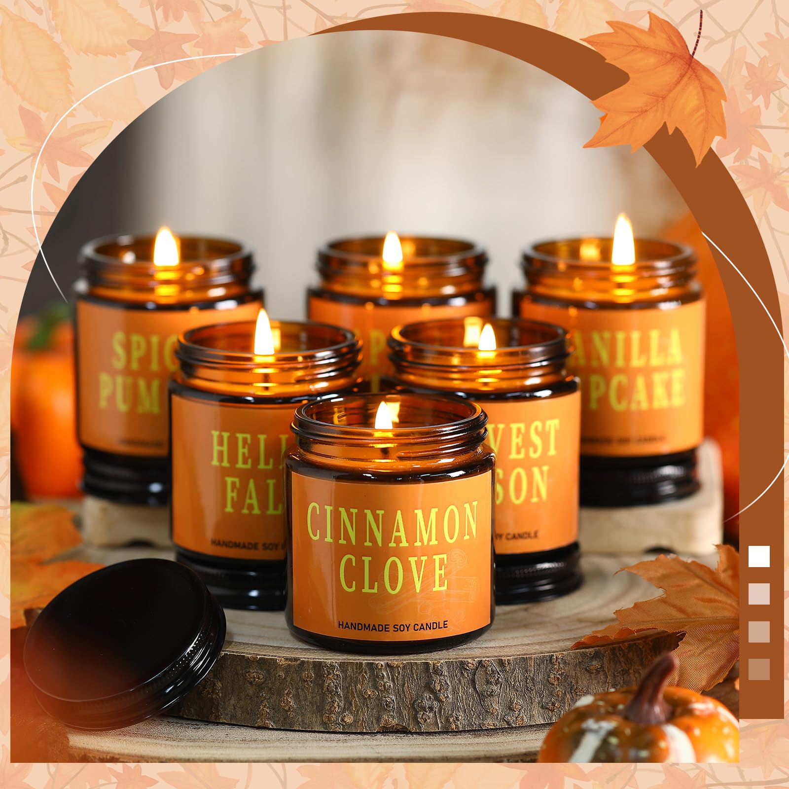 Landhoow 6-teiliges Herbstkerzen-Geschenk-Set für Damen und Herren, Erntedankfest, Soja-Duftkerzen für Zuhause, Aromatherapie, Duft für Herbstferien (Apfelkuchen/Zitronengras/Vanille/Ernte/Kürbis/Zimt