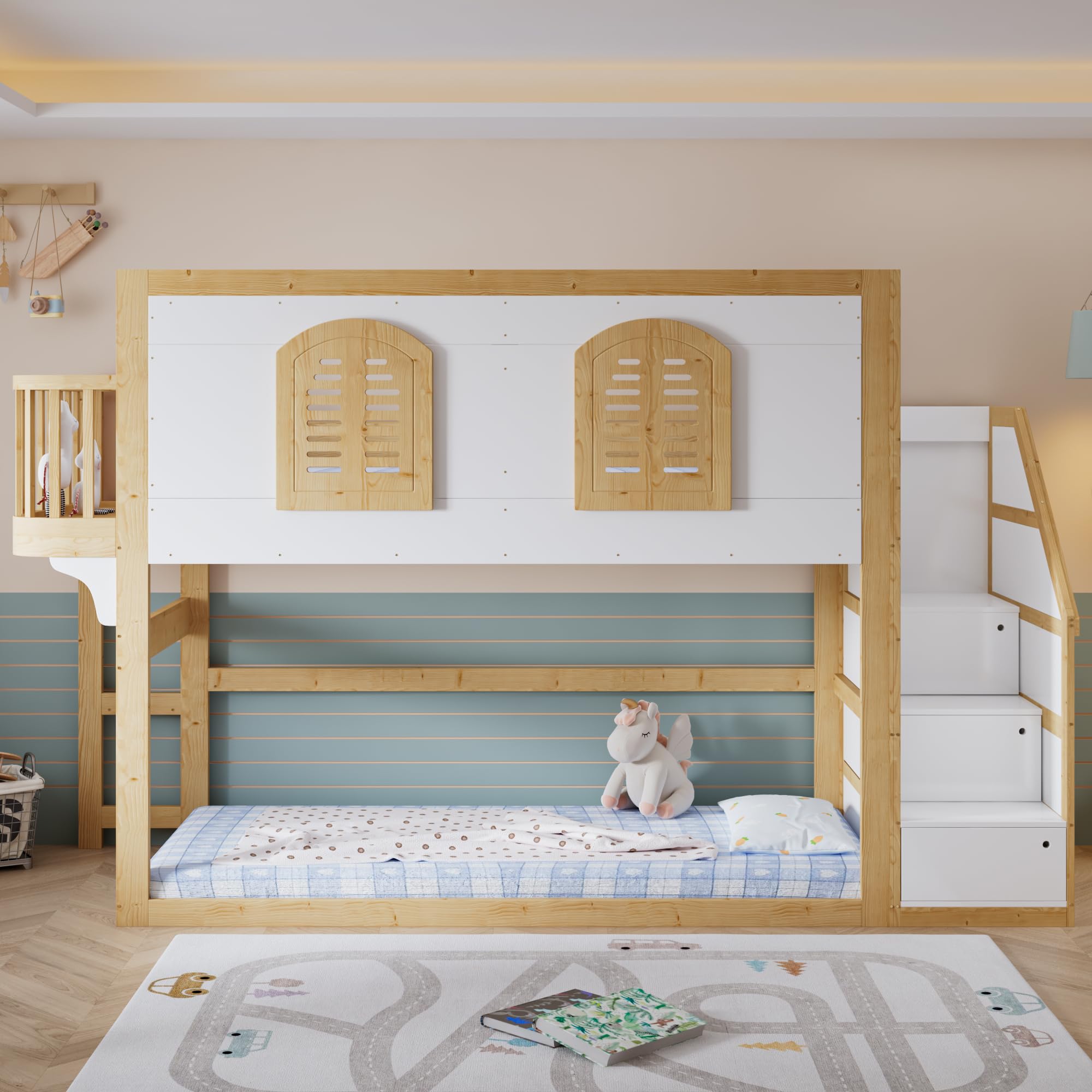 Kinder-Hochbett 90x200 cm, Massivholz Weiß & Natur, Treppenschrank, Spielfläche, Fenster, Sicherheitsgeländer, Lattenrost