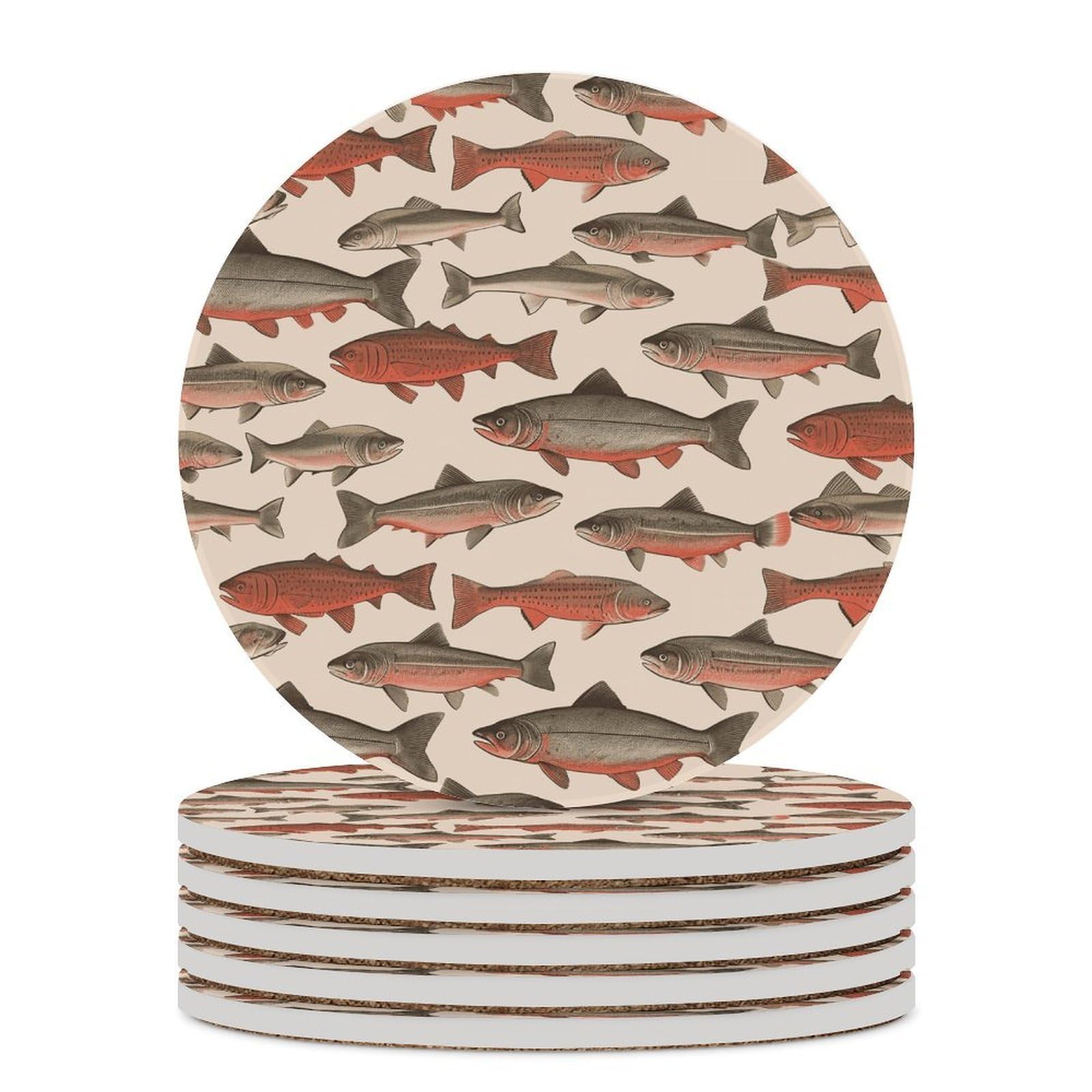 Salmon Drink Coasters with Holder for Coffee Table,Ceramic Coaster with Cork Base,Ceramic Stone Coaster for Iced Cold Or Hot Drinks,4.1 Inches