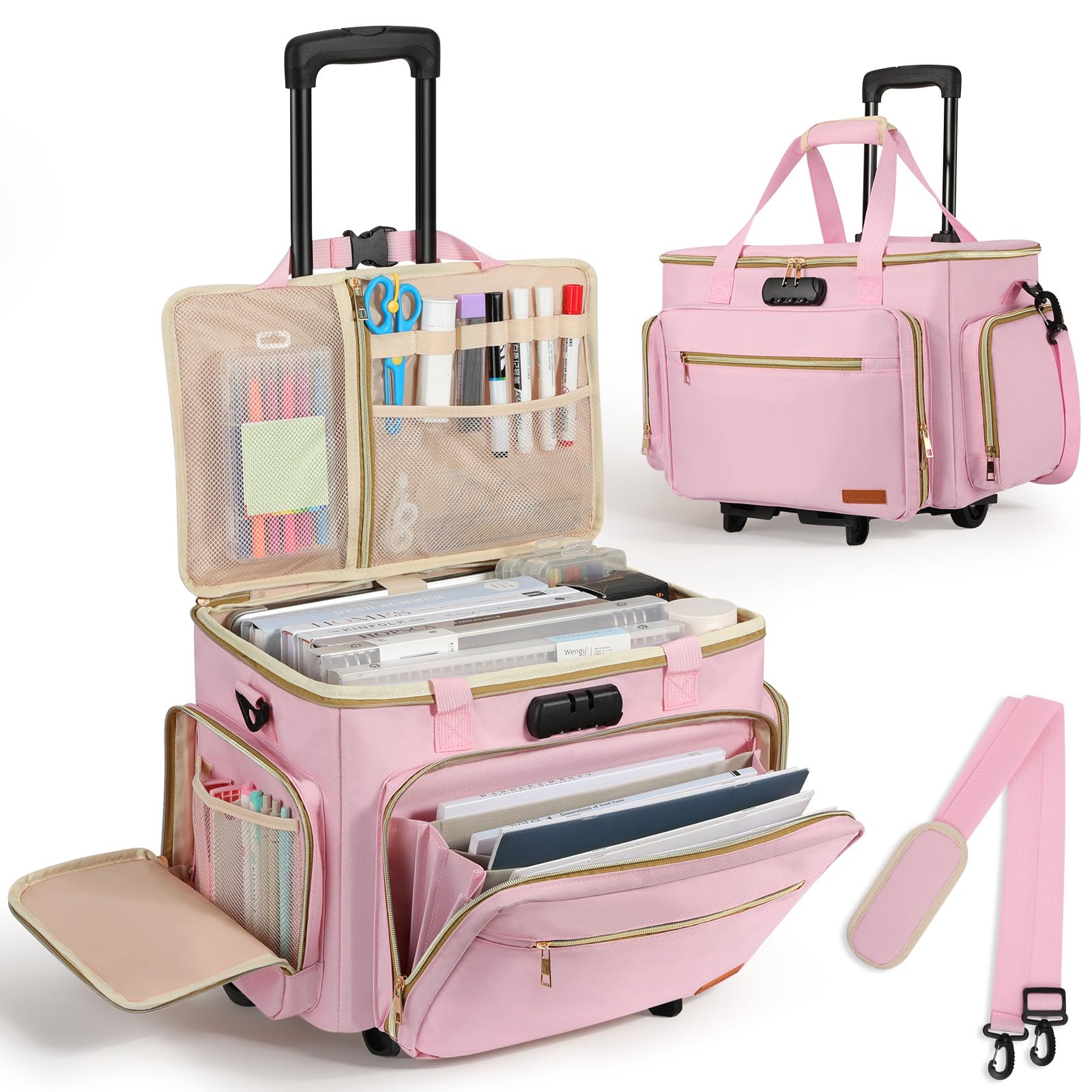 Housolution Bolsa para Maestros con Ruedas, Tote con Carro Desmontable, Estuche Portátil con Ruedas para Trabajo, Maletín con Organizador de Archivos Acordeón, Compatible con Laptop de 15,6", Rosa