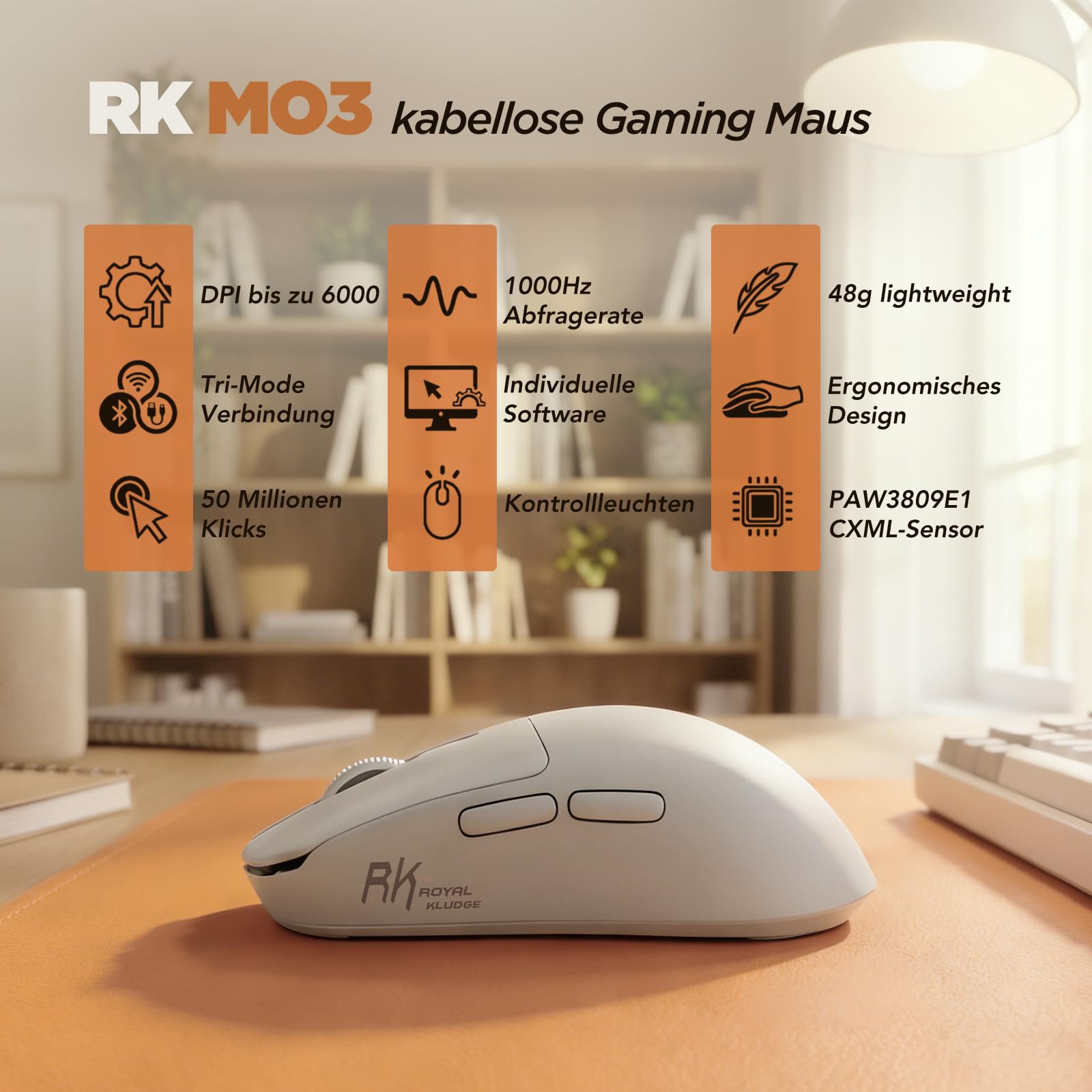 RK ROYAL KLUDGE MO3 Gaming Maus Kabellose PAW3809 6K DPI 48g leichte Computer Maus Bluetooth/2.4G/Kabel wiederaufladbare Wireless Mouse mit 5 programmierbaren Tasten, leisen Klicks für Laptop/PC, Weiß