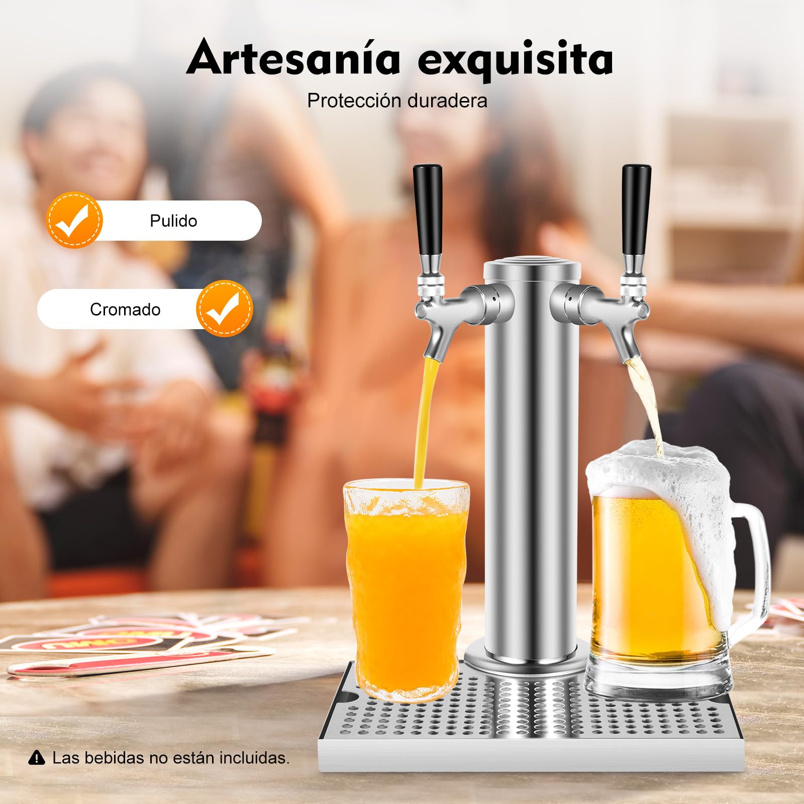 Dispensador de bebidas de acero inoxidable con 2 grifos, para cerveza, color plateado