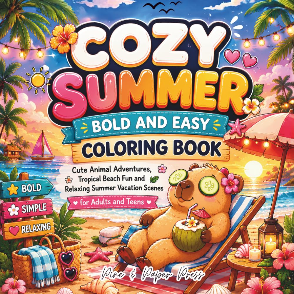 Cozy Summer Bold and Easy Coloring Book: Cute Animal Adventures, Tropical Beach Fun and Relaxing Summer Vacation Scenes for Adults and Teens (Bold & Easy Cozy Spaces)