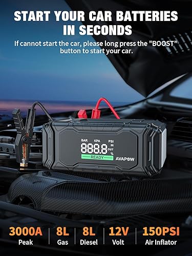 Miniatura 2 de AVAPOW Arrancador de batería de automóvil de 3000 A pico con compresor de aire, arranque portátil de 12 V 150 PSI con función de arranque forzado,