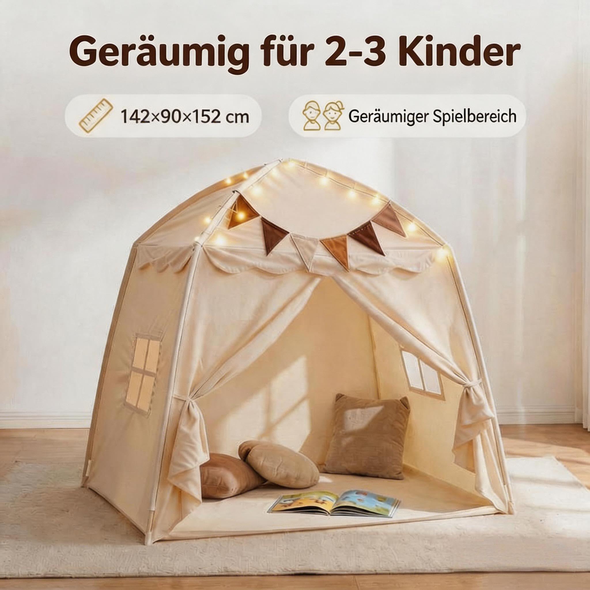 Kinderzelt Indoor mit Sternen Lichterkette und bunten Flaggen – großes Zelt Kinderzimmer Kinder-Zelt (142 × 90 × 152 cm) für Indoor & Outdoor, Spielhaus für Jungen und Mädchen, Lese Ecke & Rollenspiel