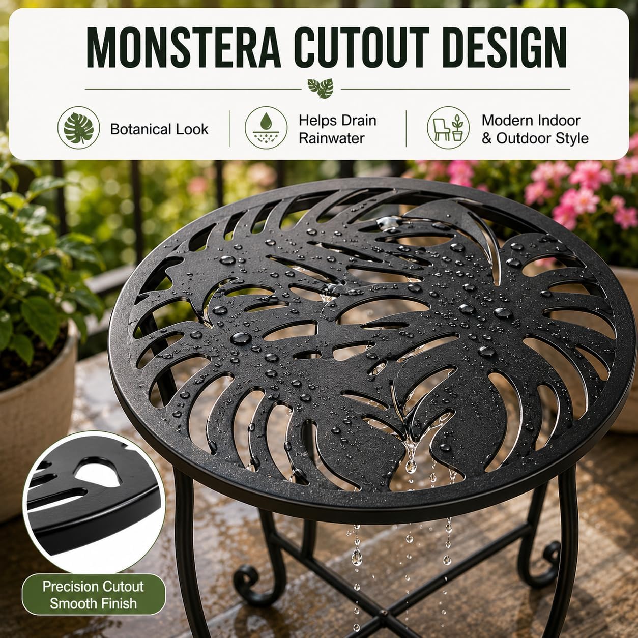 2-Piece Small Round Outdoor Side Tables, Monstera Cutout, Metal Patio