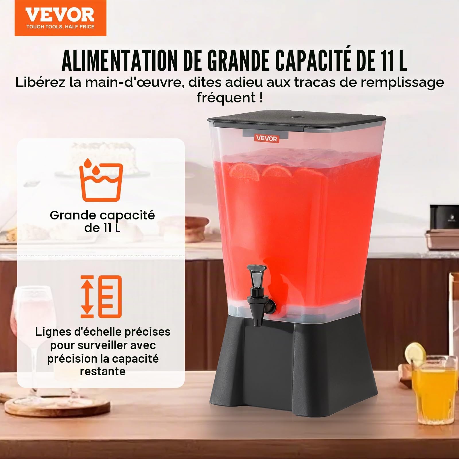 VEVOR Distributeur de Boissons avec Grande Capacité 19 L, Fontaine à Eau en Plastique, Distribution d’Eau Jus Limonade Thé Glacé, avec Robinet Anti-goutte, pour Restaurants Cafés Hôtels Fêtes