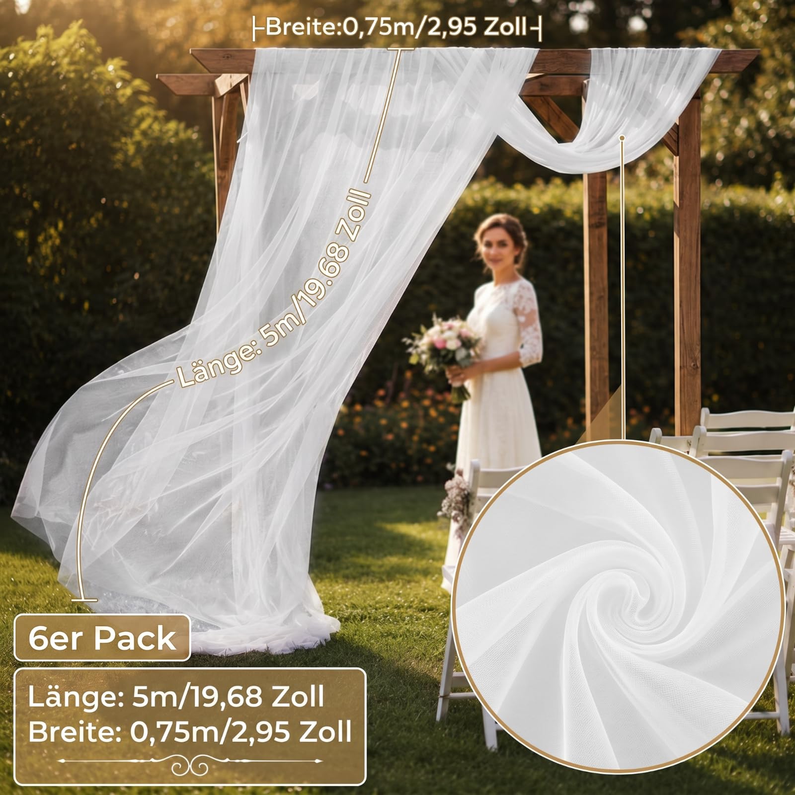 Namalu 6 Arche Tenture Mariage 75 x 500 cm Rideau en Tulle Blanc Voilage Blanc Drapé en Organza Rideau de Gaze pour Décoration de Mariage Cantonnière Décorative Cérémonie Fête Toile de Fond