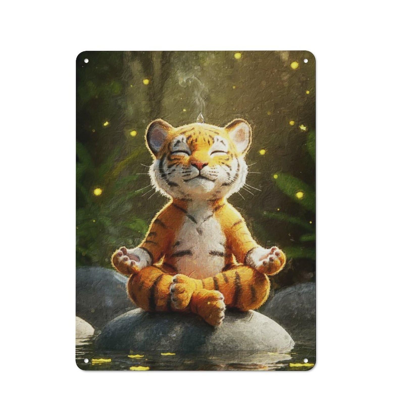 Rustic Meditating Tiger Cub Country Metal Sign 40x30cm, Cottage Wall Art for Dining Room, Cafe, Entryway Or Family Room