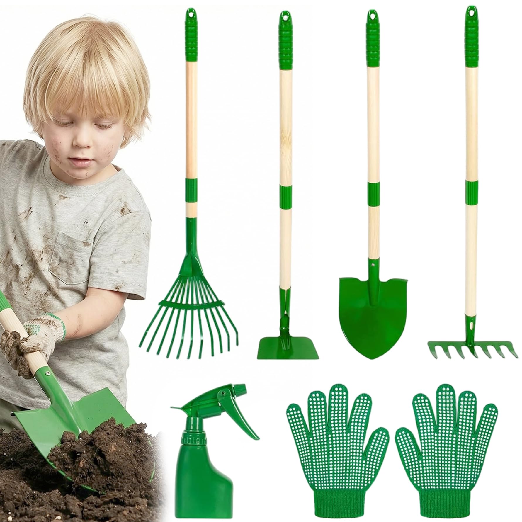 Attrezzi da Giardinaggio per Bambini 6 Pezzi con Pala e rastrello, Set di Giocattoli da Giardino per Esterni con Manico in Legno e Teste in Metallo per Bambini 3+