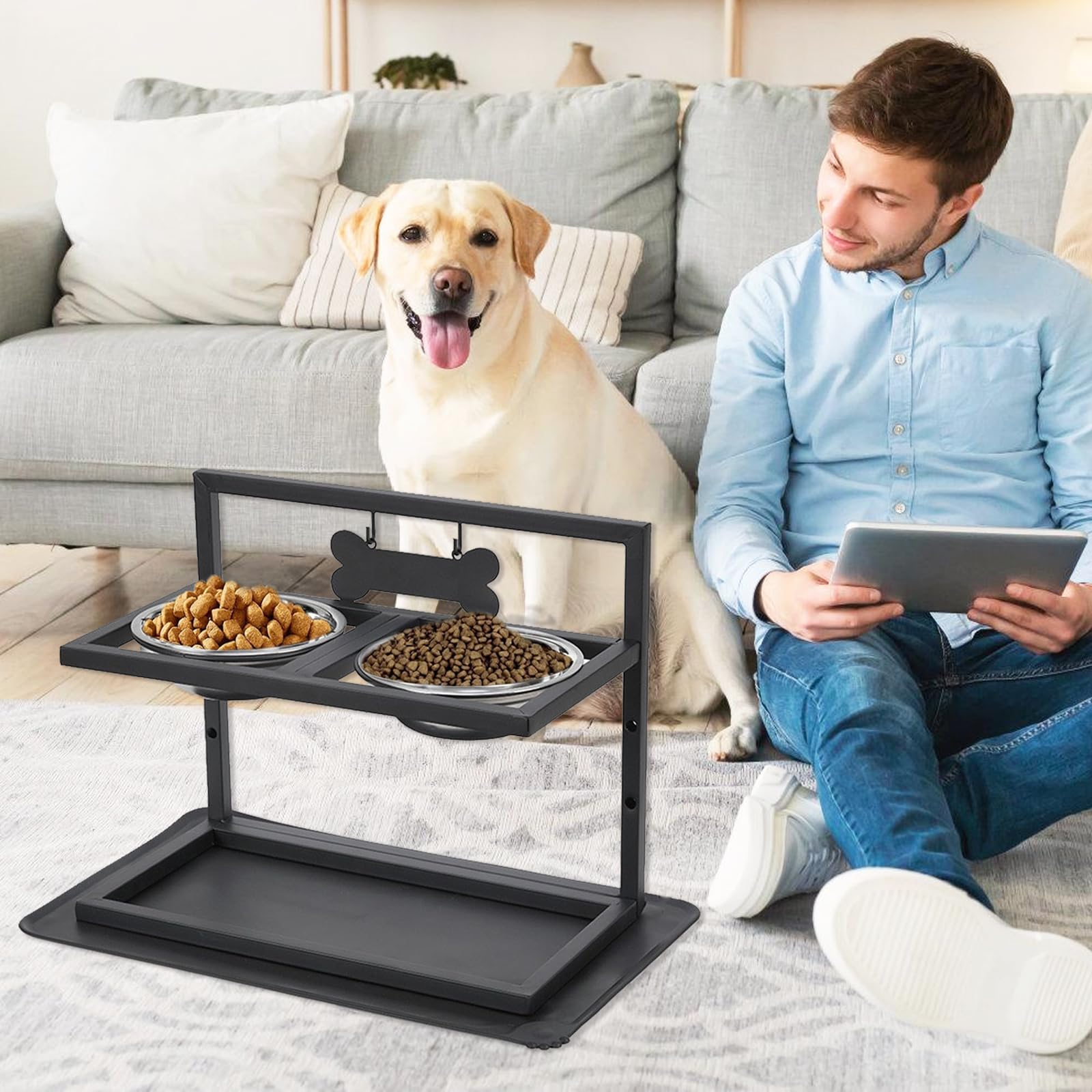 Comedero Elevado para Perros con 2 Cuencos De Acero Inoxidable Tapete Antifugas Altura Ajustable En 3 Niveles Color Negro 42 X 32 X 20,5 Cm