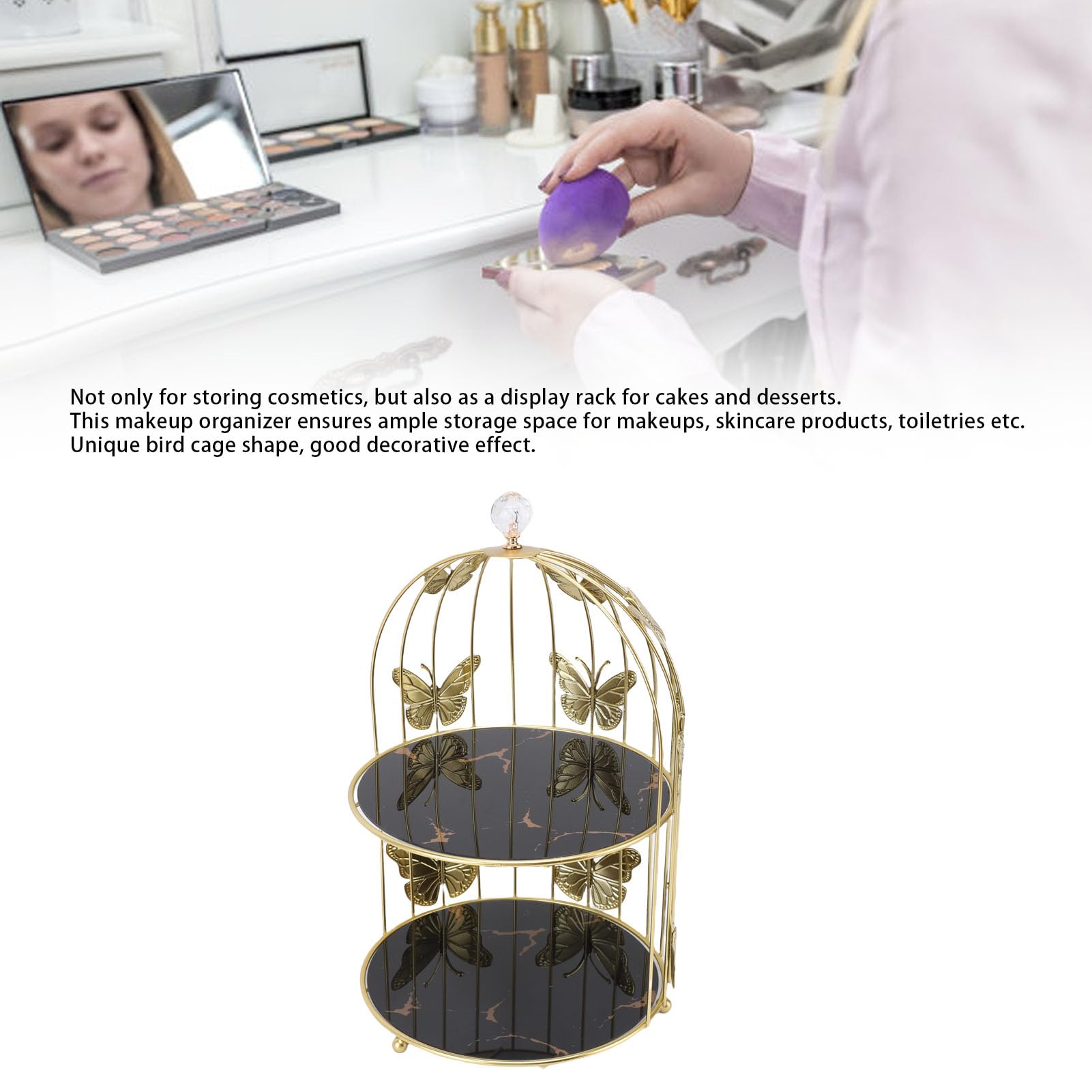 Złoty organizer do makijażu w klatce dla ptaków |2-poziomowy organizer na kosmetyki na biurko |Wielofunkcyjny stojak na ciasto na imprezę / sypialnię / łazienkę |Szkło i żelazo