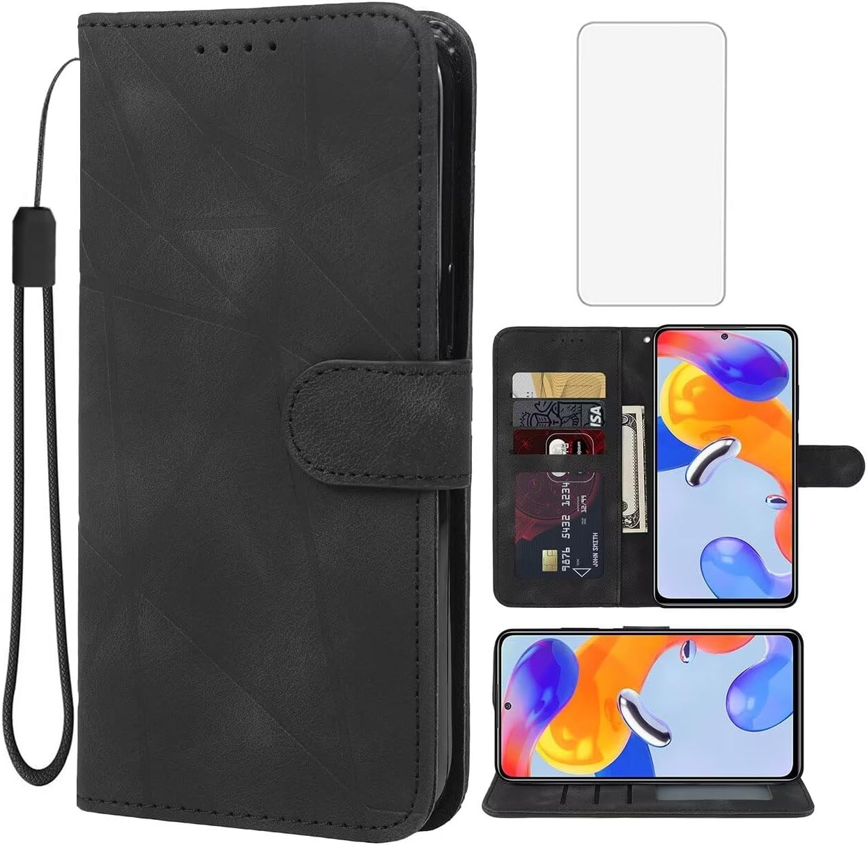 Case for Redmi Note 11 Pro 4G/5G/Redmi Note 11E Pro Protective Case with Screen Protector PU Leather Wallet Flip 3 Card Holder Stand Function Mobile Phone Case for Xiaomi Redmi Note 11
