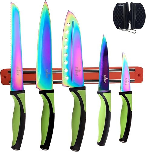 Miniatura 9 de SiliSlick Juego de cuchillos de cocina, cuchillas coloridas de acero inoxidable con revestimiento de titanio, chef, pan, cuchillos de pelar, estante