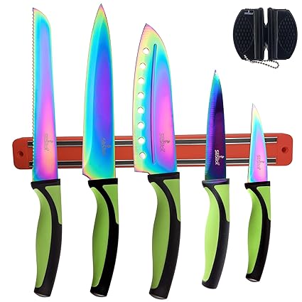 SiliSlick - Rainbow Knife Kitchen Starter Set (5 Professional Grade Rainbow Blade Knives) | Includes Knife Sharpener & Magnetic Wall Hanger | Green Handle with Red Knife Rack | Kitchen Cutlery Kit