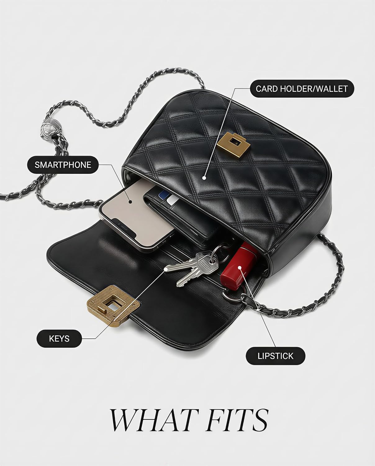 Quilted Genuine Leather Crossbody Bag for Women, Small Shoulder Purse with Vintage Statement Clasp, Adjustable Chain Strap, Black - Image 5