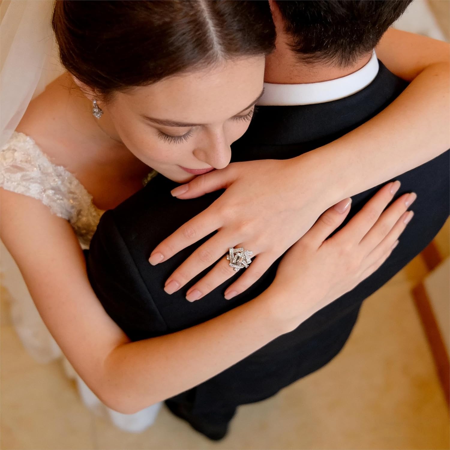 ENDLESSNESS & ETERNITY Baquetteb Bridal CZ Diamond Wedding Band Ring 14K Gold Plated for Women