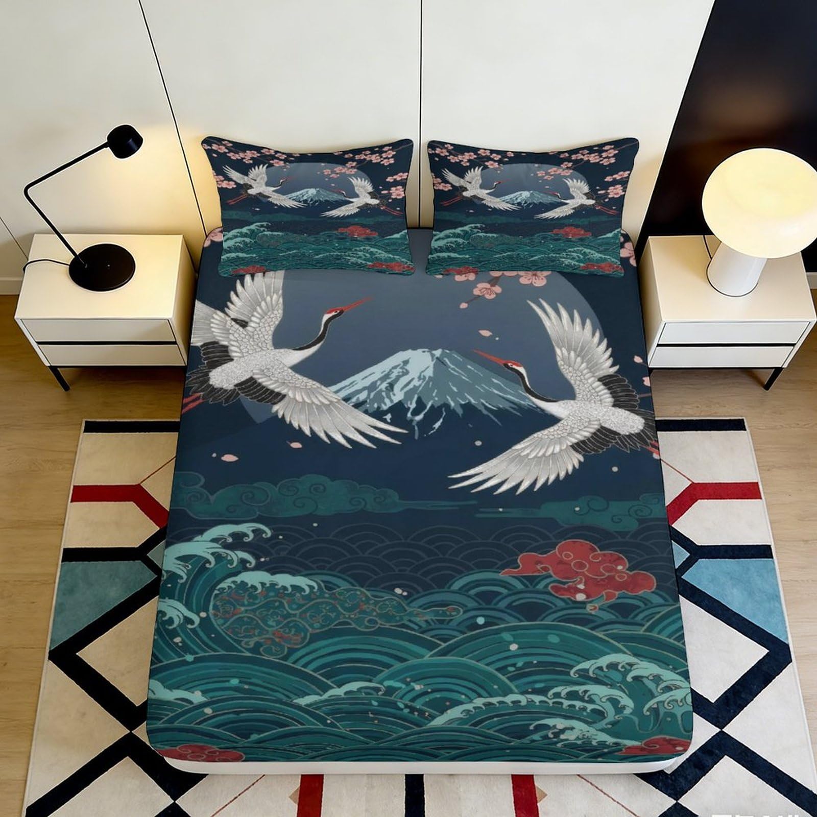 3D Printed Japanese Crane Fitted Sheet Microfiber Soft Breathable Mountain Wave Bed Cover for Bedroom Dormitory Guest Room Mattress Protection Decor 120x200x25cm