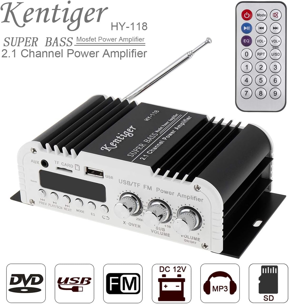 Car Audio High Power Amplifier 2.1CH Super Bass HI-FI Player Support SD/USB/DVD / MP3 with Remote Controller for Car Motorcycle Home